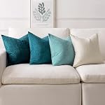 MIULEE Pack of 4 Throw Pillow Covers 18x18 Inch Soft Chenille Couch Pillow Covers for Sofa Living Room Solid Dyed Pillow Cases Teal Blue-White