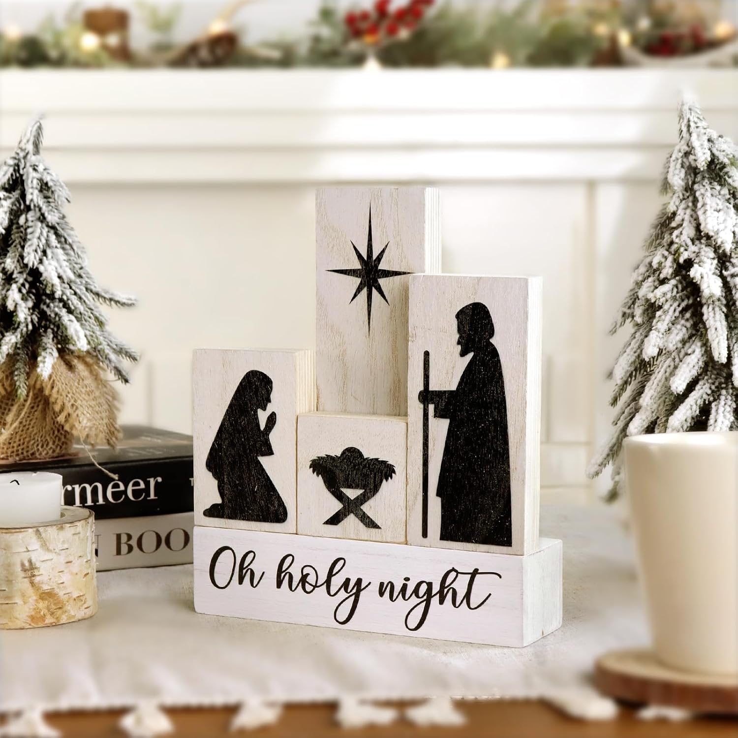5 Pcs Block Nativity Sets Christmas Decorations Indoor, Black Silhouette Nativity Figures on White Block Set, Home Decor for Indoor Home Display, Tabletop