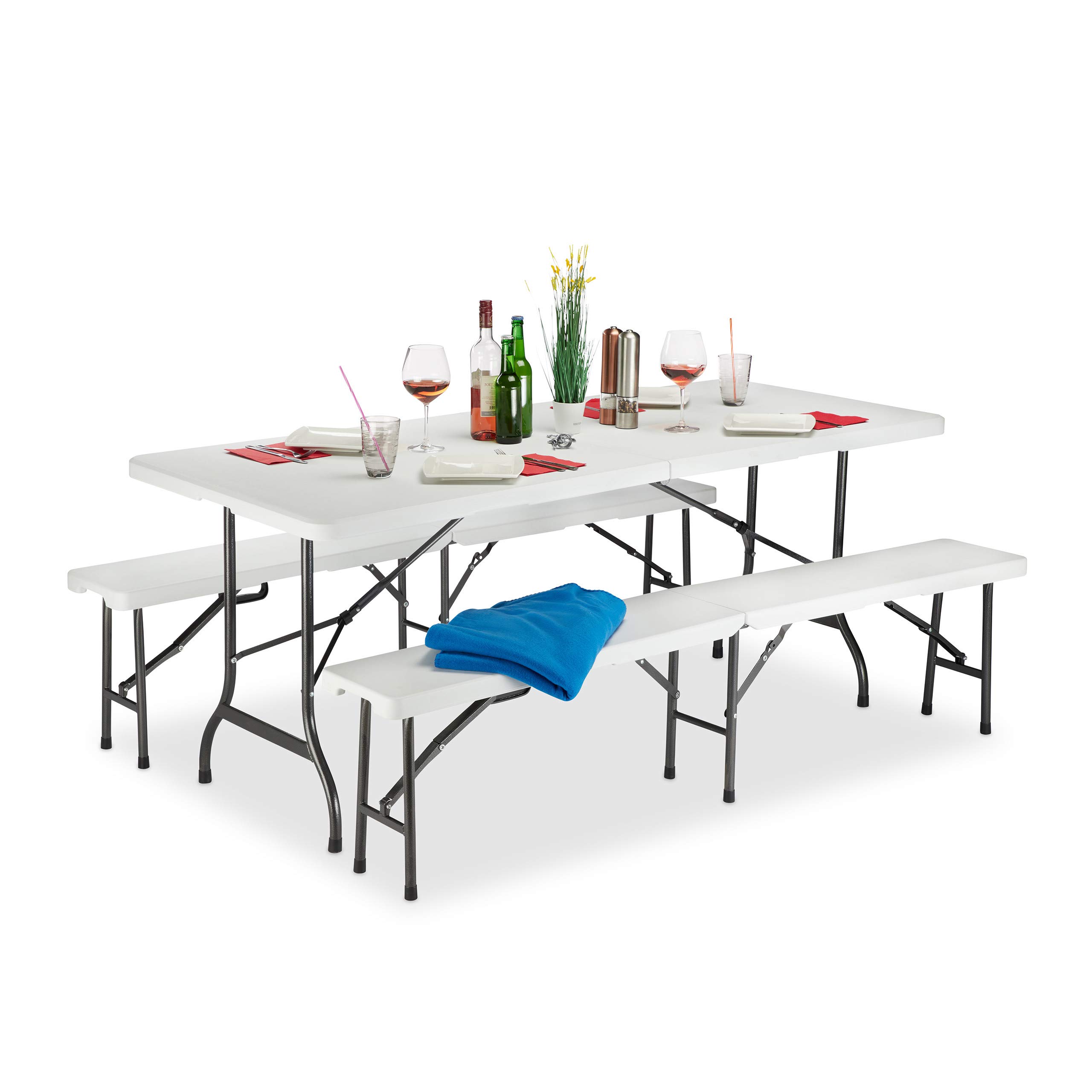 Relaxdays Conjunto Mesa y Bancos Jardín Plegables, Plástico, Blanco, 74 x 180 x 74.5 cm