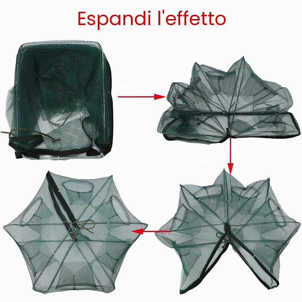 MAGT Rete da Pesca Automatica Rezzaglio, 6/12 Buche Borsa Trappola Gabbia per Gamberetti Nylon Pieghevole Granchio Trappola per Pesci Cast (6 Holes)