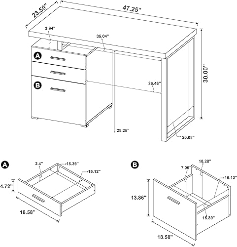 Vista 3 de Coaster Home Furnishings Brennan - Escritorio moderno y contemporáneo de 3 cajones con cajones para computadora, mesa de estudio, archivador