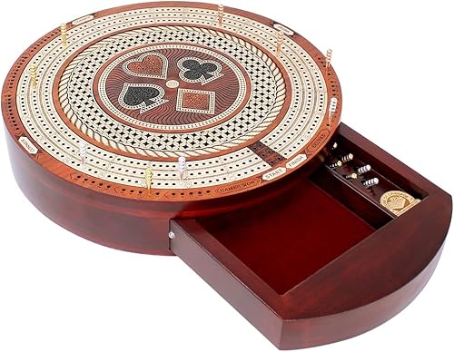 House of Cribbage - Tabla de cuna continua de 3 pistas de forma redonda de 10" - Madera de arce/sangre - Cajón de empuje con campos de marcado de