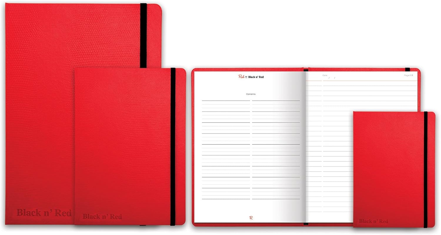 Black n' Red Casebound Journal with Elastic Closure and Document Pocket, 144 Ruled and Numbered Pages - Red A5