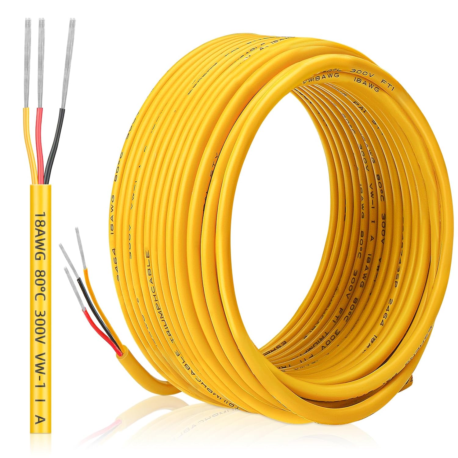 18 Gauge 3 Conductor Electrical Wire, 50FT/15M Yellow Thermostat Wire, PVC Stranded Tinned Copper 3Wire Cable, Flexible Extension Cord