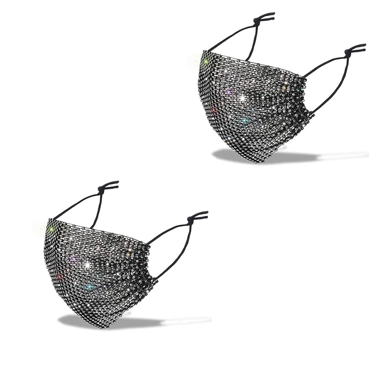 Black Rhinestone Diamond Face Mask for Women, Glitter Mesh Face Mask Cover for Christmas Party Nightclub, Chain Crystal Masquerade Face Cover, Sparkly Face Mask for Women and Girls (Black 2pcs)