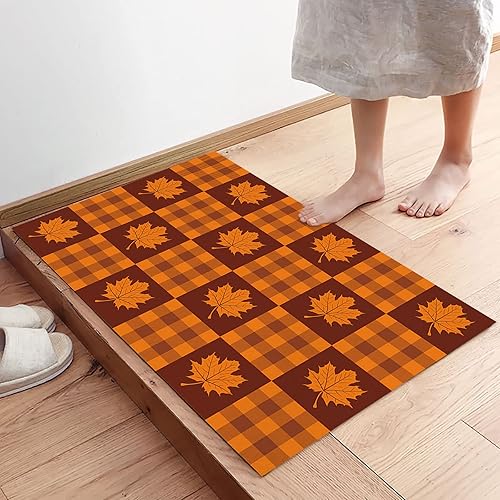 Autumn Indoor Bath Mat, Anti-Slip Machine Washable Entry Rug Easy Clean Welcome Mat Floor Mat for Inside Home Decoration Orange-Red Plaid and Maple