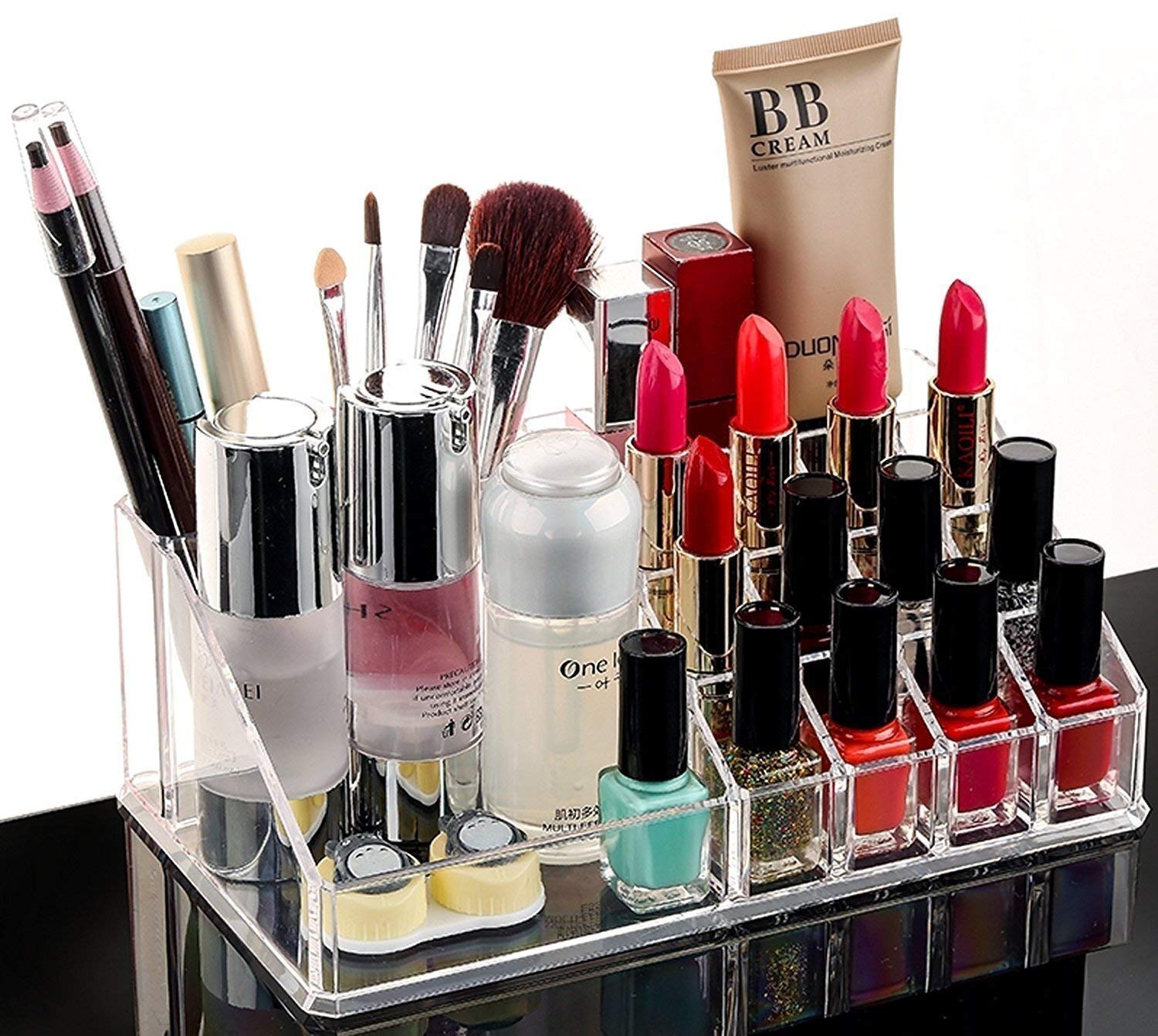 Black Olive Makeup Lipstick Cosmetics Holder - Transparent 16 Compartment Acrylic Multi Level Deep 16 Grid Clear Holder Fits All Beauty Items Gloss Nail Polish Pencil Mascara Brush Perfume Organizer 1