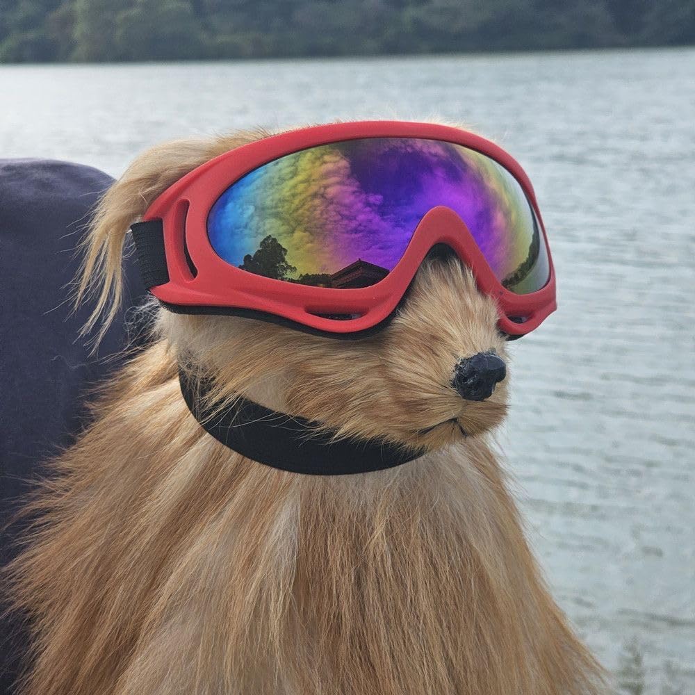Dog Sunglasses Goggles 2-Pack UV Wind Dust Protection Adjustable Dual Straps Soft Foam Padding 5 Colors for Outdoor Adventures (Red+Navy Blue,One Size)