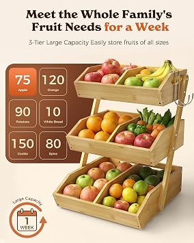 Sevenblue 3-Tier Bamboo Fruit Basket with 2 Banana Holders