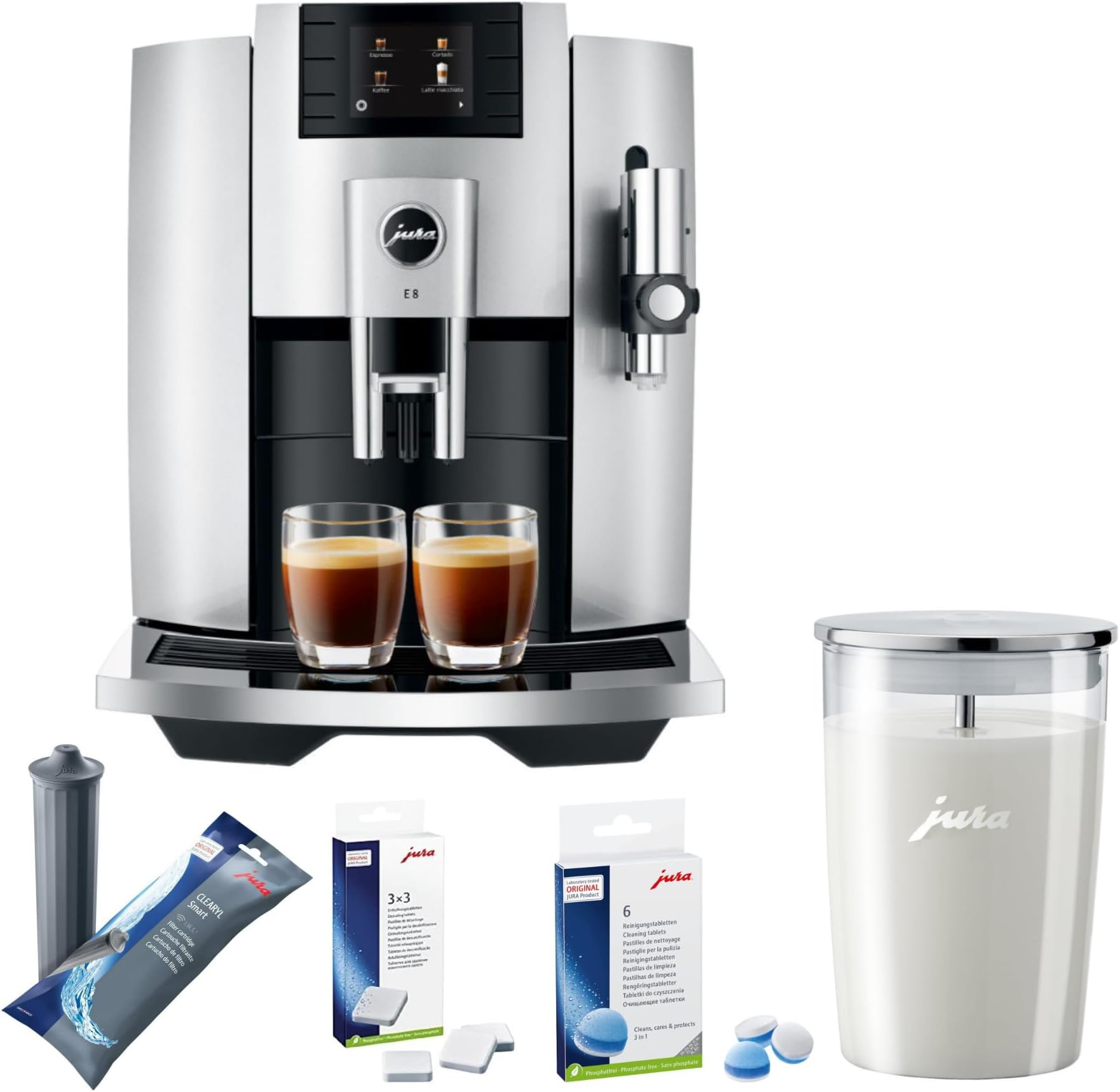 E8 Automatic Espresso Machine Bundle with Smart Filter Cartridge, 3-Phase 6 Cleaning Tablets, Glass Milk Container, and Decalcifying Tablets (9-Pack) (13 Items)