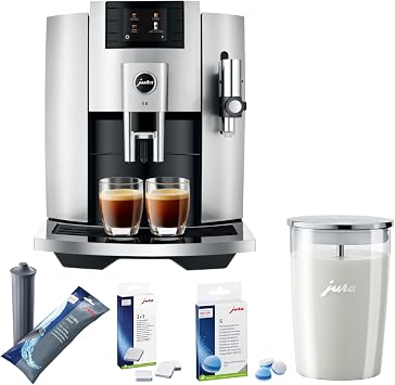 Jura E8 Automatic Espresso Machine Bundle with Smart Filter Cartridge, 3-Phase 6 Cleaning Tablets, Glass Milk Container, and Decalcifying Tablets 9-Pack 13 Items