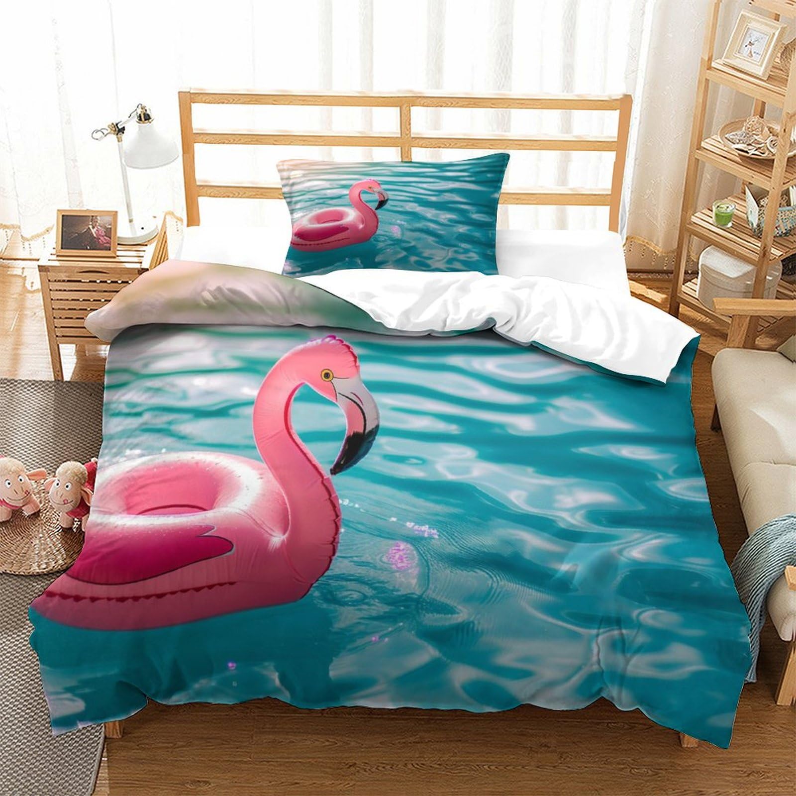 P1s9u7w5y Water Ripple Refreshing Water Pattern 3D Printing Flamingo Duvet Cover Set 3Pcs Microfiber Wave Bedding Set Single（135X200cm）