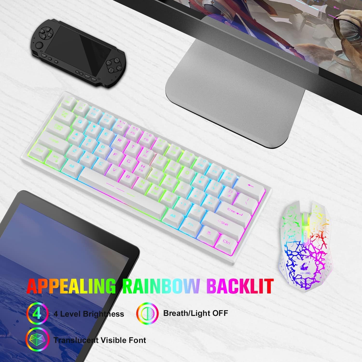 Set Tastiera E Mouse Da Gioco Wireless Compatti Al 60%, 3800mAh Type-c Ricaricabile RGB Arcobaleno Tastiera Illuminata Sensazione Meccanica Respirazione Retroilluminazione Mouse Luminoso Per PC-Bianco