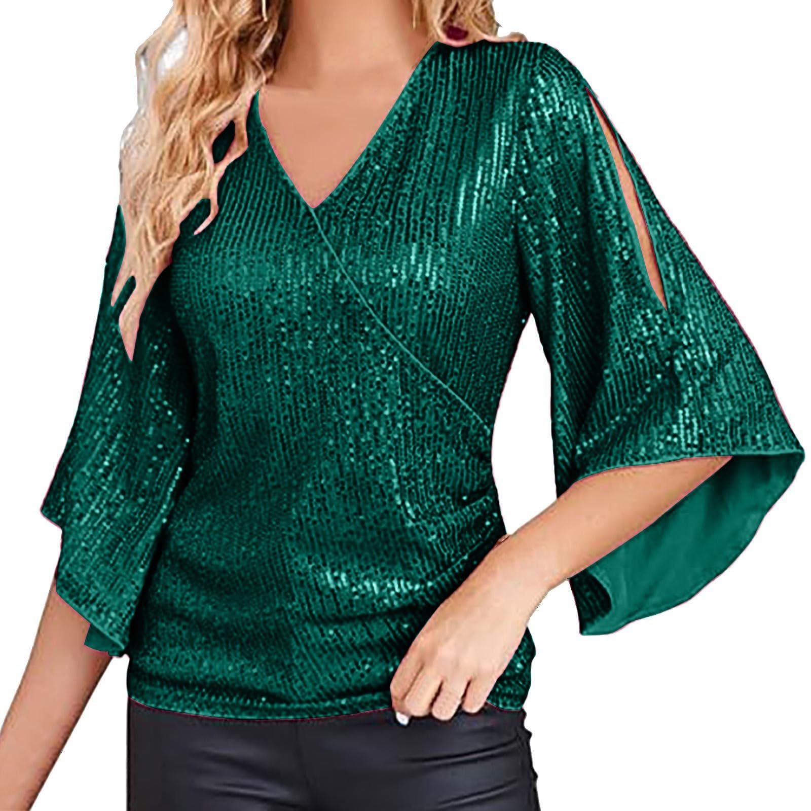 Donne Paillettes Top Maniche 3/4 Glitter Scintillante Camicetta Scollatura V Top Per Sera Rosso Nero Camicetta A Scacchi