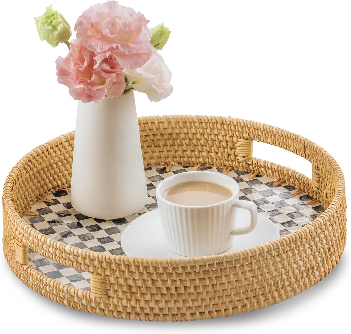 13.8 in Round Rattan Serving Tray with Handle, Mother of Pearl Tray Wooden Base, Decorative Wicker for Table, Kitchen Island & Home Decor (Black Checkerboard)