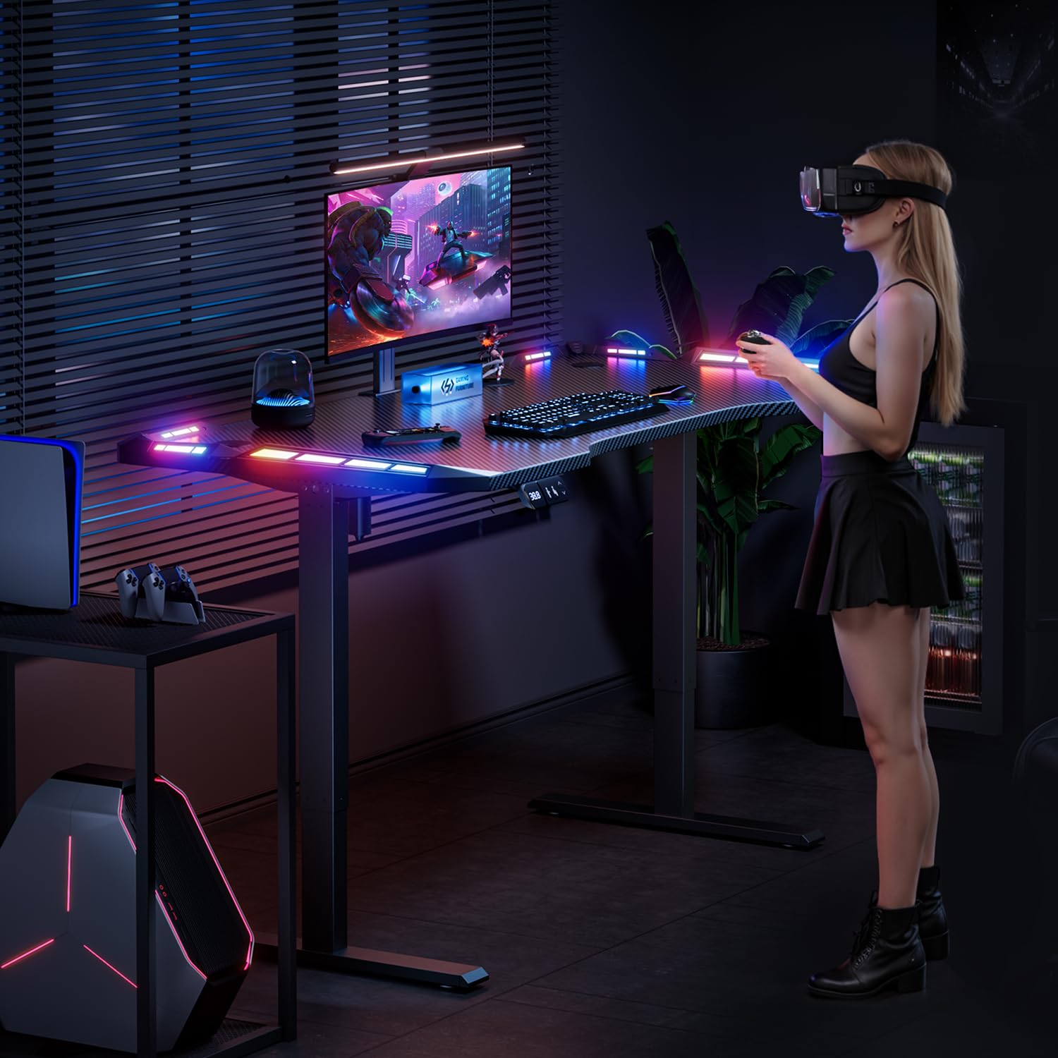 HLFURNIEU LED Bureau Assis Debout Electrique 160 x 60 cm, Bureau Gaming avec 2 Contrôle à Fonctions Mémoires, Table Reglable Hauteur avec Surface en Fibre de Carbone, Table Gaming Noir