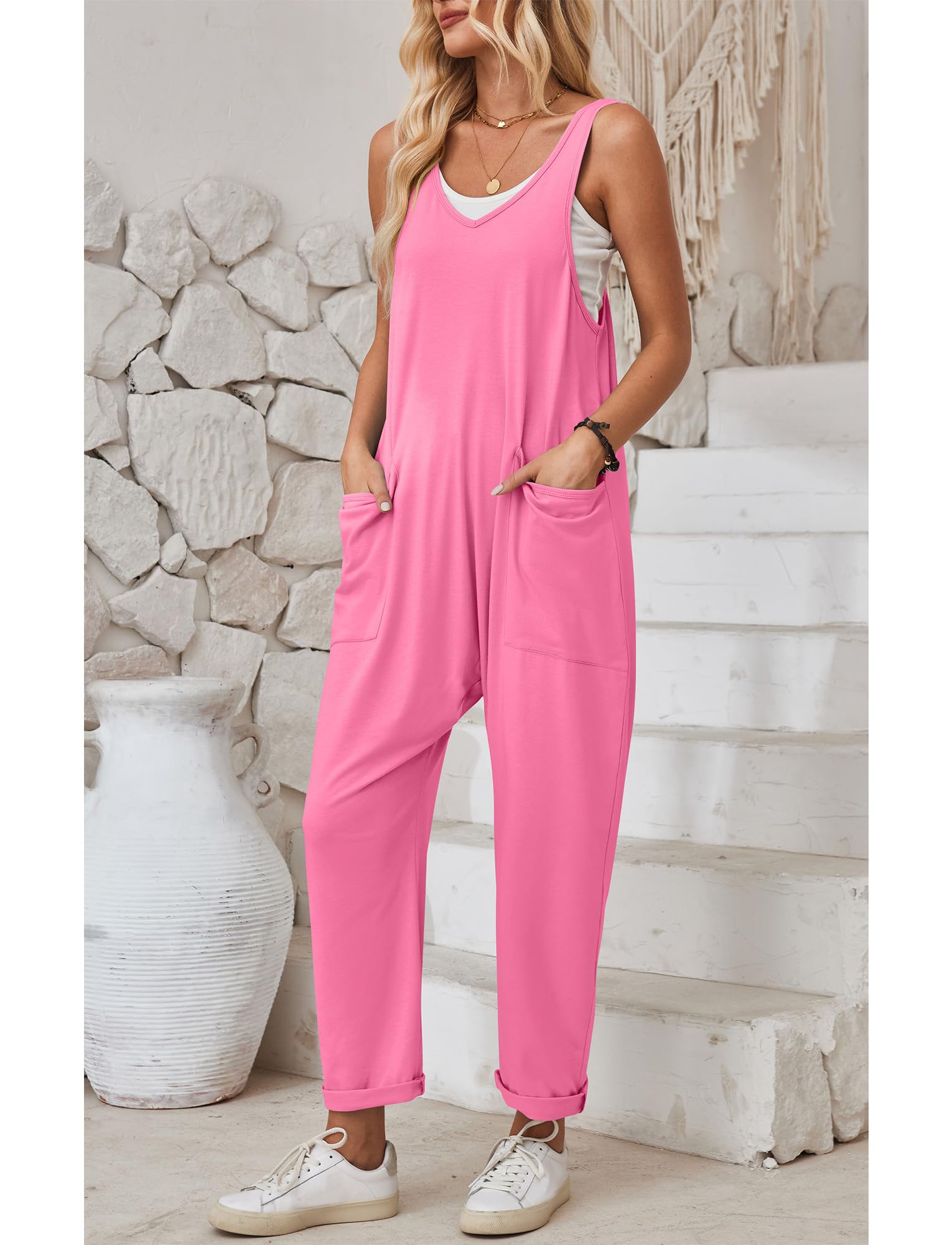 Panegy Salopette en tricot pour femme Salopette ample décontractée Combinaison sans manches à bretelles avec poches Pantalon ample en coton Combinaisons