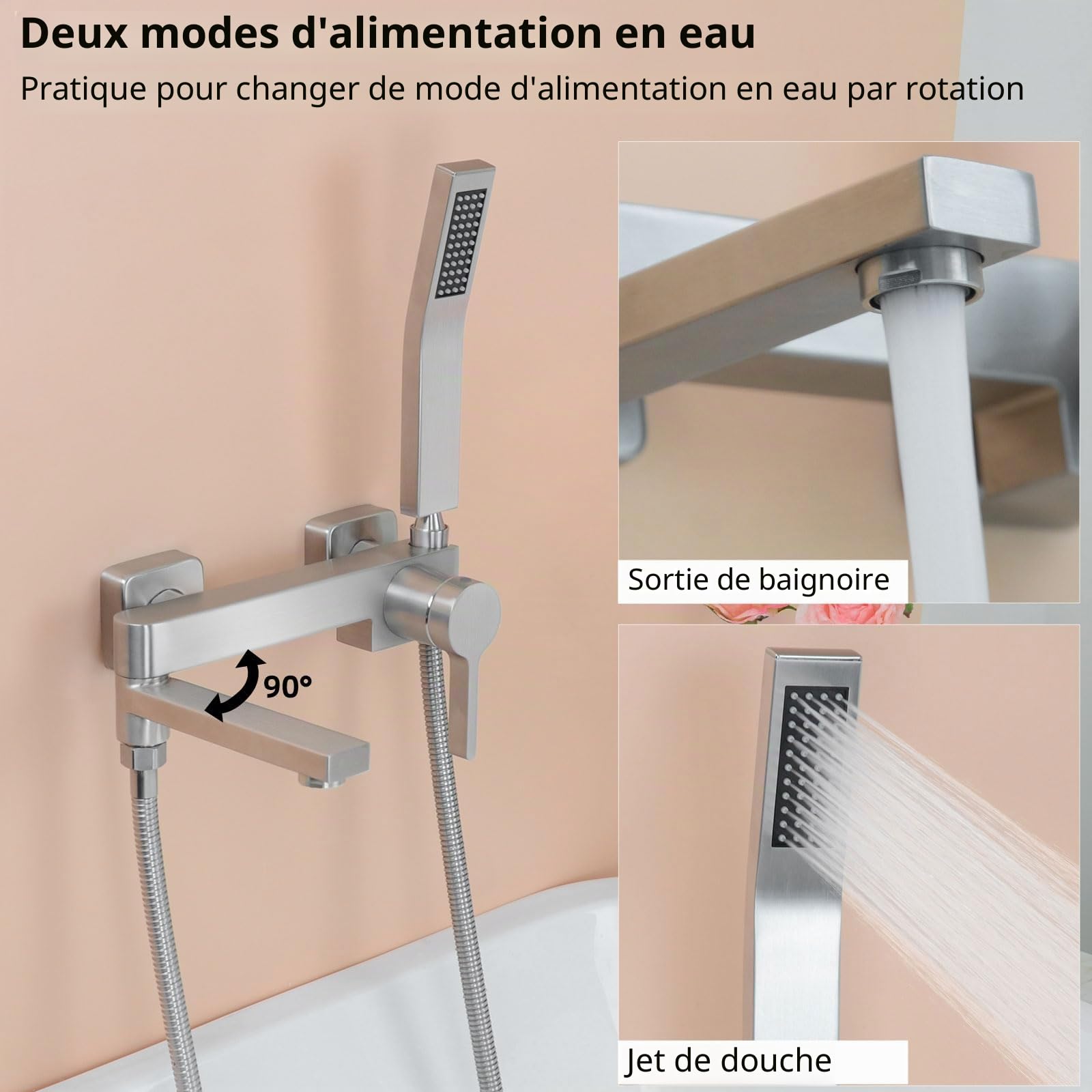 PHASAT Robinet de Baignoire avec Douchette, Mitigeur Baignoire avec Bec Rotatif à 90°, Nickel brossé PTBL17E