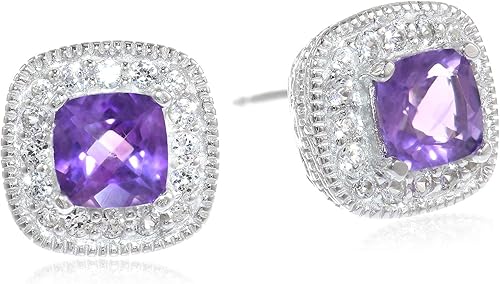 Aretes con broche de plato esterlina con piedra natal con corte Asscher con un halo de zafiro blanco