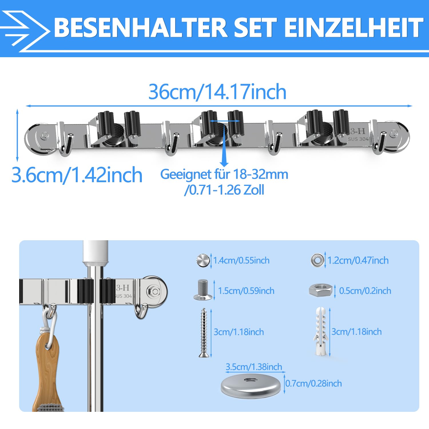 3-H Portascope da Muro Magnetico 36cm, Porta Attrezzi da Parete SUS304 Acciaio Inox 20KG Carico Porta Scope Parete senza Foratura per Ristorante, Cucina, Bagno, Garage con Viti