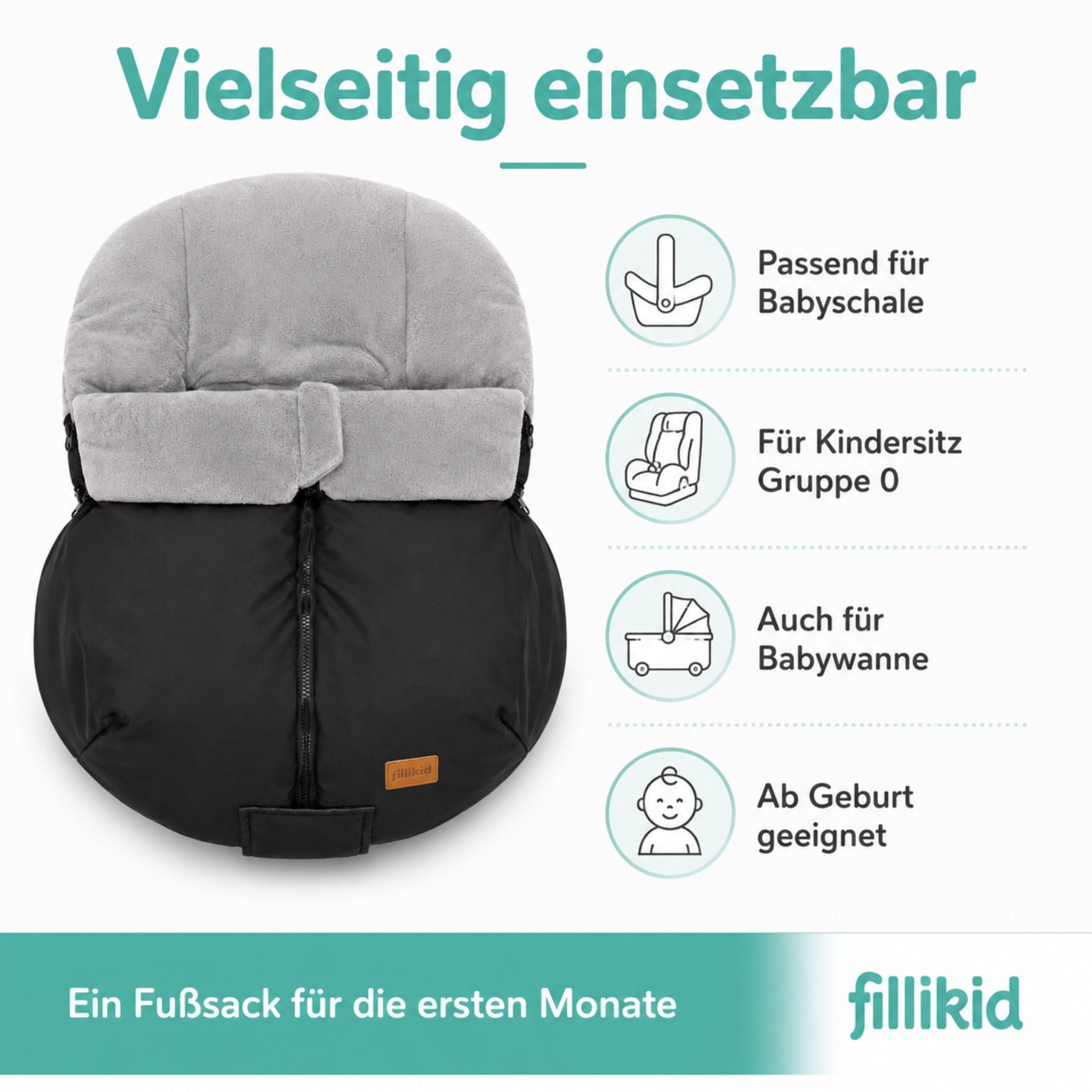 Fillikid Baby Winterfußsack Sella Exklusiv | leichter Fußsack winddicht & wasserabweisend, waschbar | für Autositze, Babyschale, Babywanne | warmer Universal-Fußsack ab Geburt