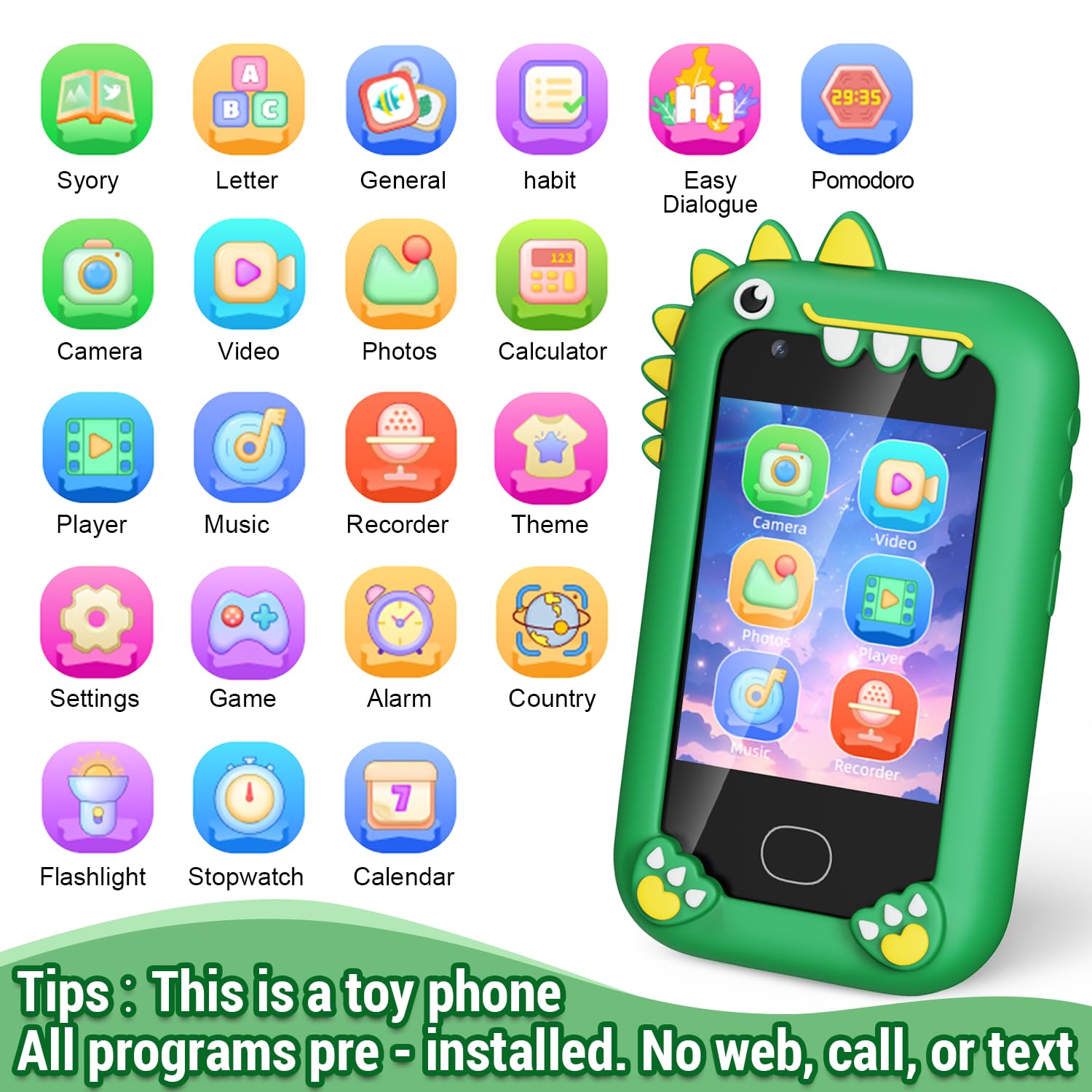 Lapare Kids Smart Phone Toys, Christmas Birthday Gifts for 3-8 Year Old Boys, Touchscreen HD Dual Camera Cell Phone with 32G SD Card(Green)