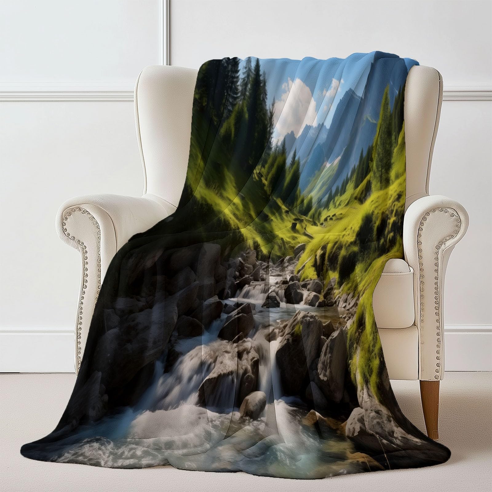 Koc polarowy 200 x 220 cm naturalny wodospad góry, ciemnozielony flanelowy koc polarowy dla 2 osób, z nadrukiem, miękki i ciepły na sofę