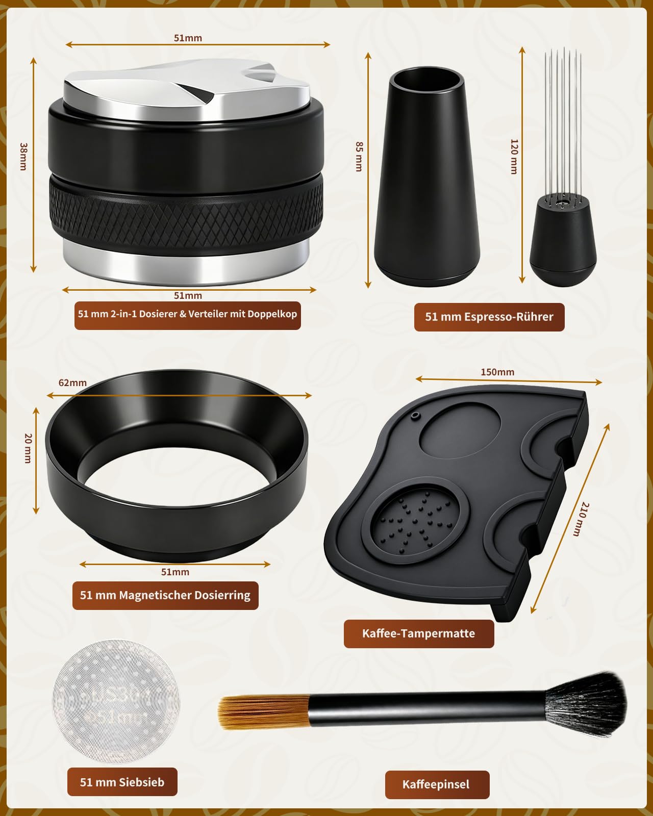 Akcesoria do sitka, 51 mm, dystrybutor kawy 51 mm, narzędzie do wyrównywania espresso, kompletny zestaw barista z narzędziem WDT, tamper, pierścieniem dozującym, krążkiem i szczotką do czyszczenia