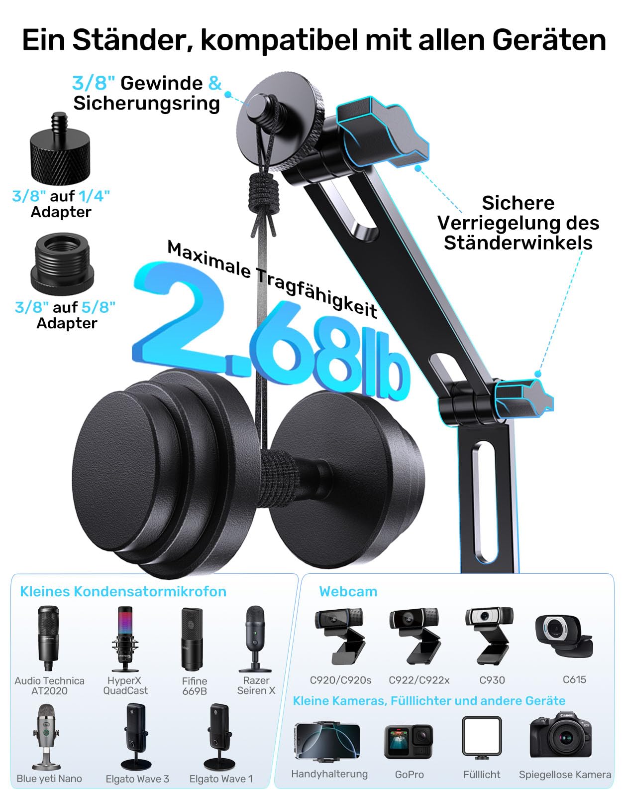 Heavy-Duty Desk Mic Stand,Studio-Arm für Mikrofone Verstellbarer Arm mit Schwerem Sockel (Maximale Belastung 1,2KG) Robuster Mikrofonständer für den Schreibtisch, Kompatibel mit Rode Podmic