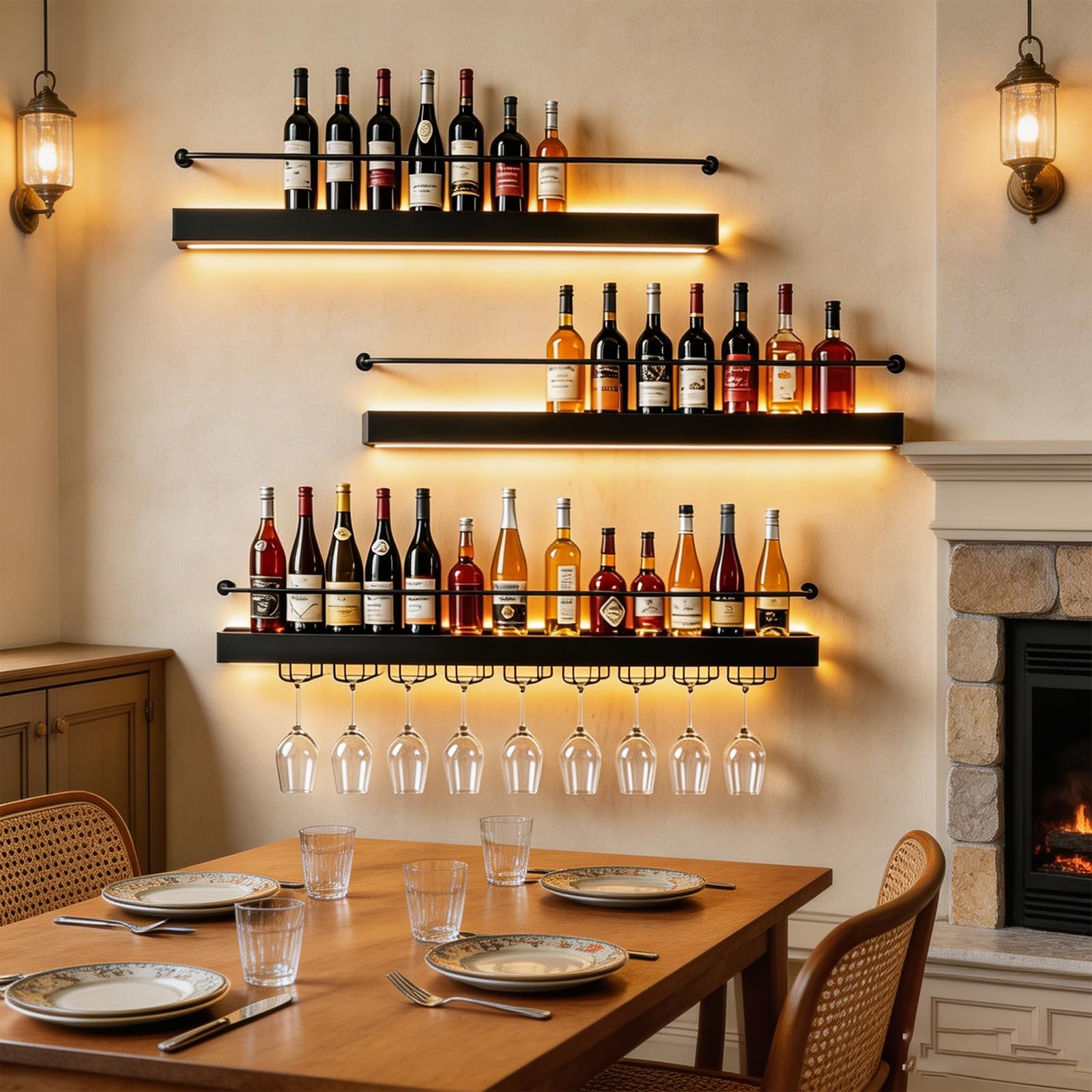 Estante de Vino de Pared con Luz LED, Hierro Negro (Negro, 100CM) | Hierro negro resistente; Incluye soporte para copas; Luz LED cálida; Montaje rápido; Ideal para cocina y bar.
