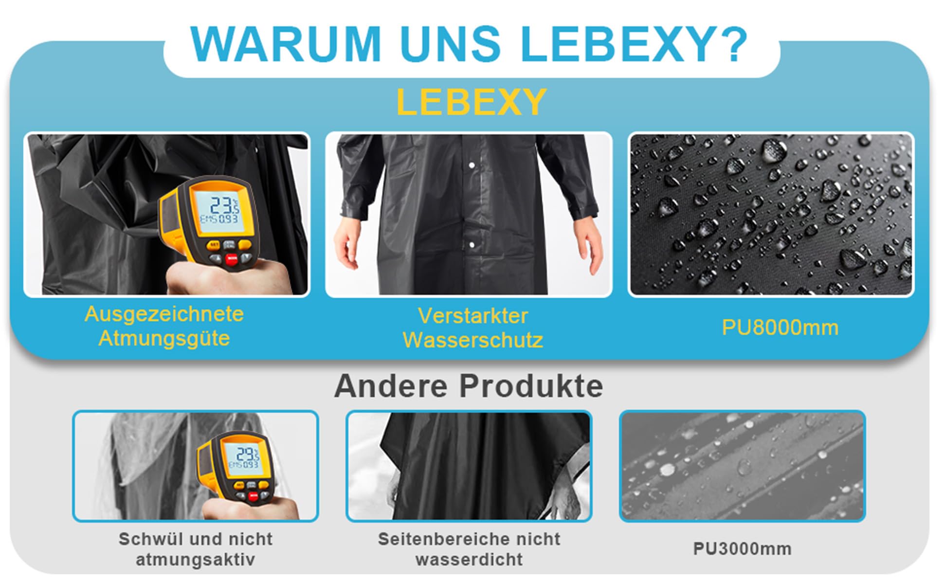 LEBEXY Ponczo przeciwdeszczowe damskie z kapturem | kurtka przeciwdeszczowa na festiwal, płaszcz przeciwdeszczowy, peleryna przeciwdeszczowa, peleryna na wędrówki, do jazdy na rowerze, EVA,
