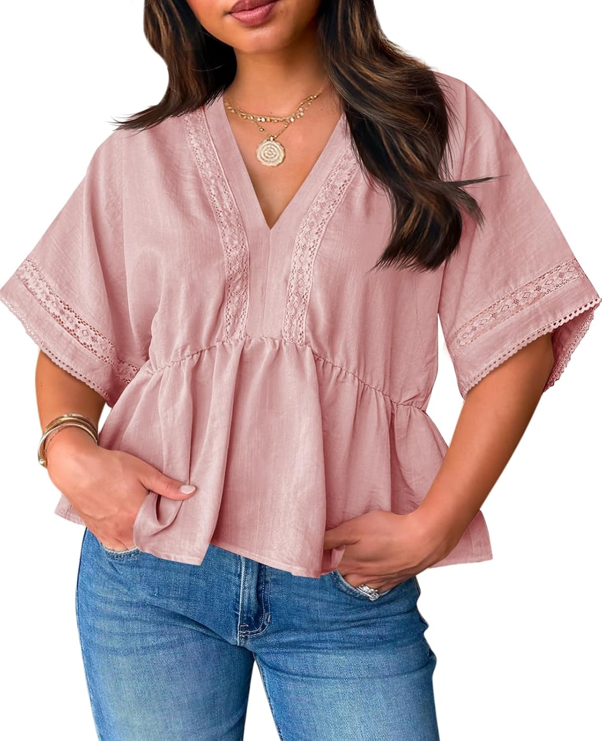 Womens Plus Size Babydoll Tops Cute Summer Eyelet V Neck Short Sleeve Blouses Cropped Lace Ruffle Boho Shirts