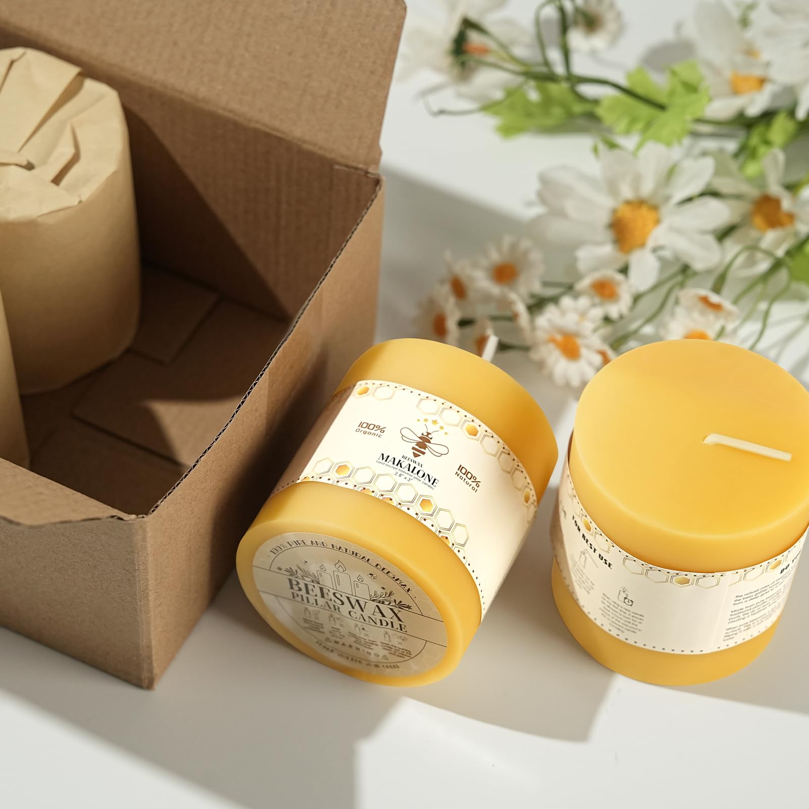 Velas de cera de abeja natural, no tóxicas, 2.8 x 3 pulgadas, paquete de 2, 90 horas de duración | Vela de cera de abejas 100 % pura, orgánica, sin perfume, sin humo, para el hogar, emergencia, oración, iglesia, cena