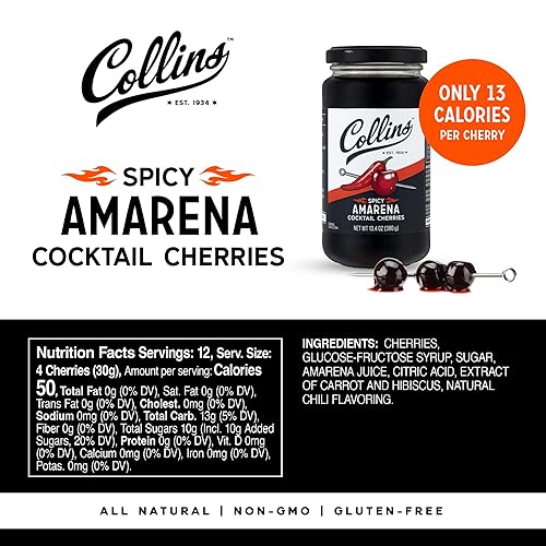 Miniatura 2 de Collins Cerezas amarena picantes en almíbar - Guarnición prémium para cócteles, anticuadas, Manhattan o postres, 13.4 onzas, rojo