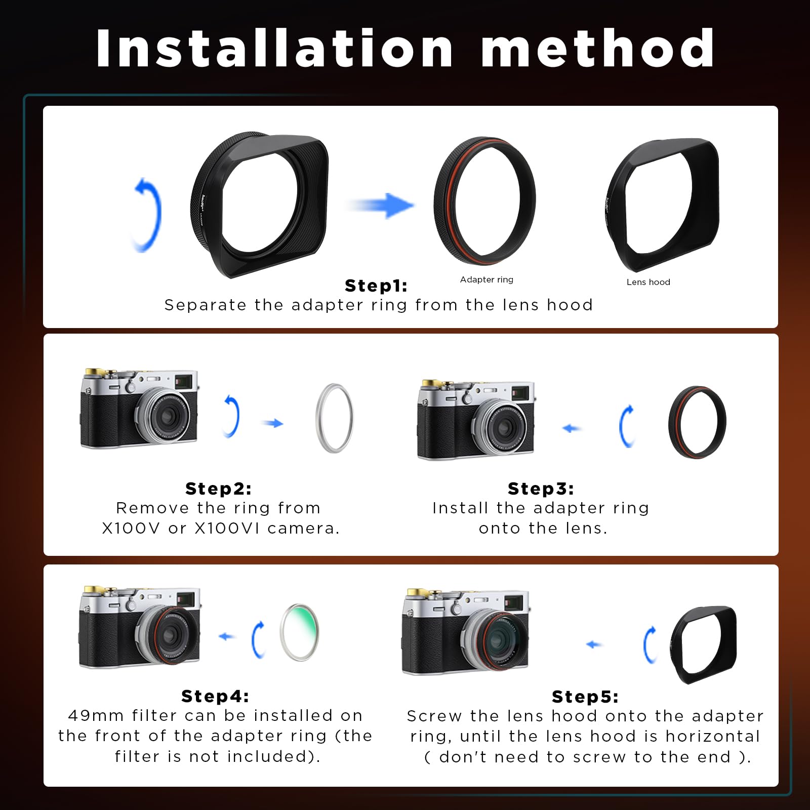 Haoge LH-X200B Pare-soleil carré en métal avec bague d'adaptation 49 mm et capuchon en métal pour Fujifilm Fuji x100vi X100V X100F X100T X100S X70 Accessoires photo Noir