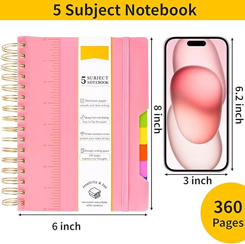 Miniatura 2 de EOOUT 2 cuadernos en espiral para el trabajo, 600 páginas, 5 materias, con rayas universitarias con pestañas divisorias, tamaño A5, pequeño cuaderno