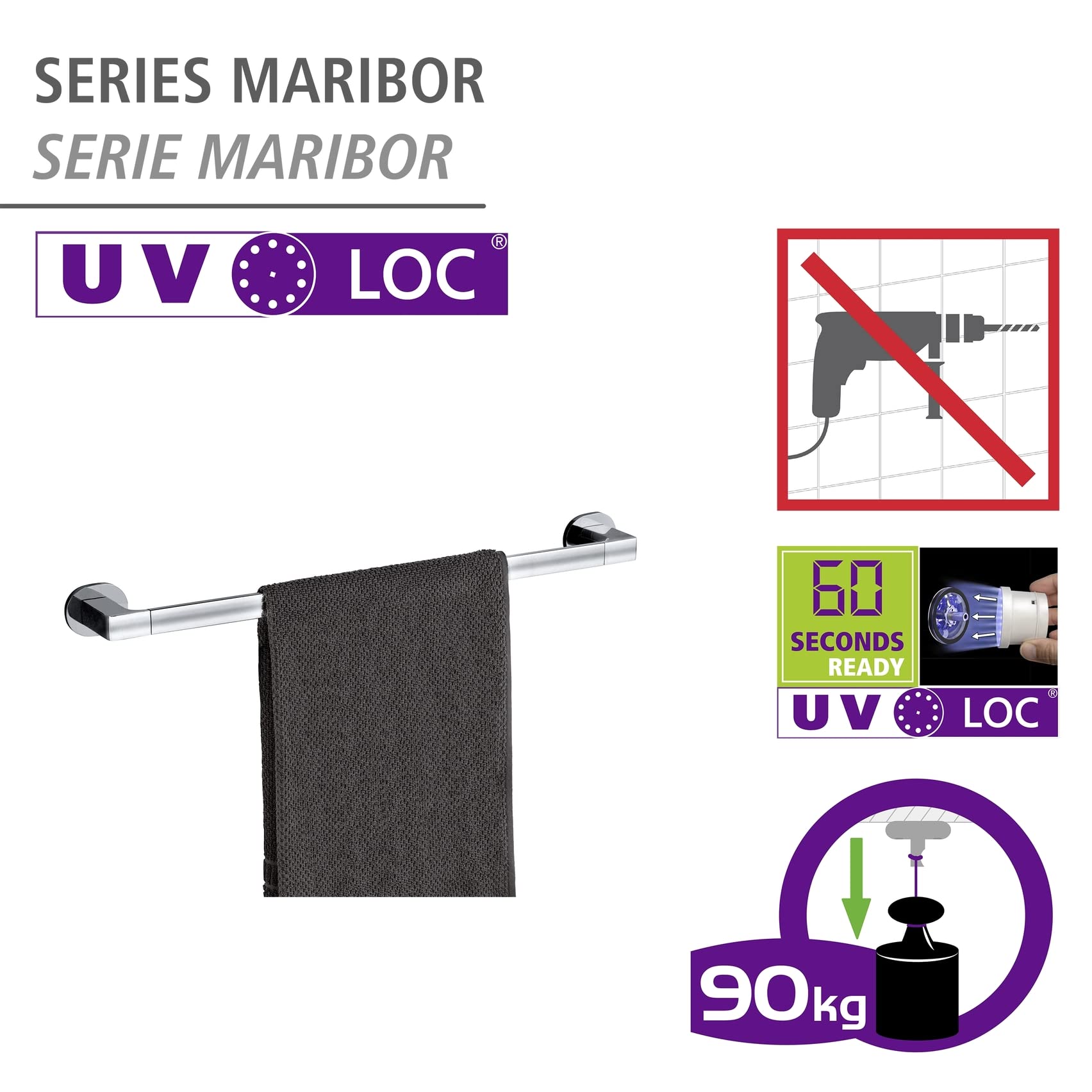 WENKO UV-Loc Badetuchstange UNO Mod. Maribor eleganter Wand-Handtuchhalter aus Zinkdruckguss Innovative Klebemontage ohne Bohren 63,5 x 5 x 7,5 cm Chrom