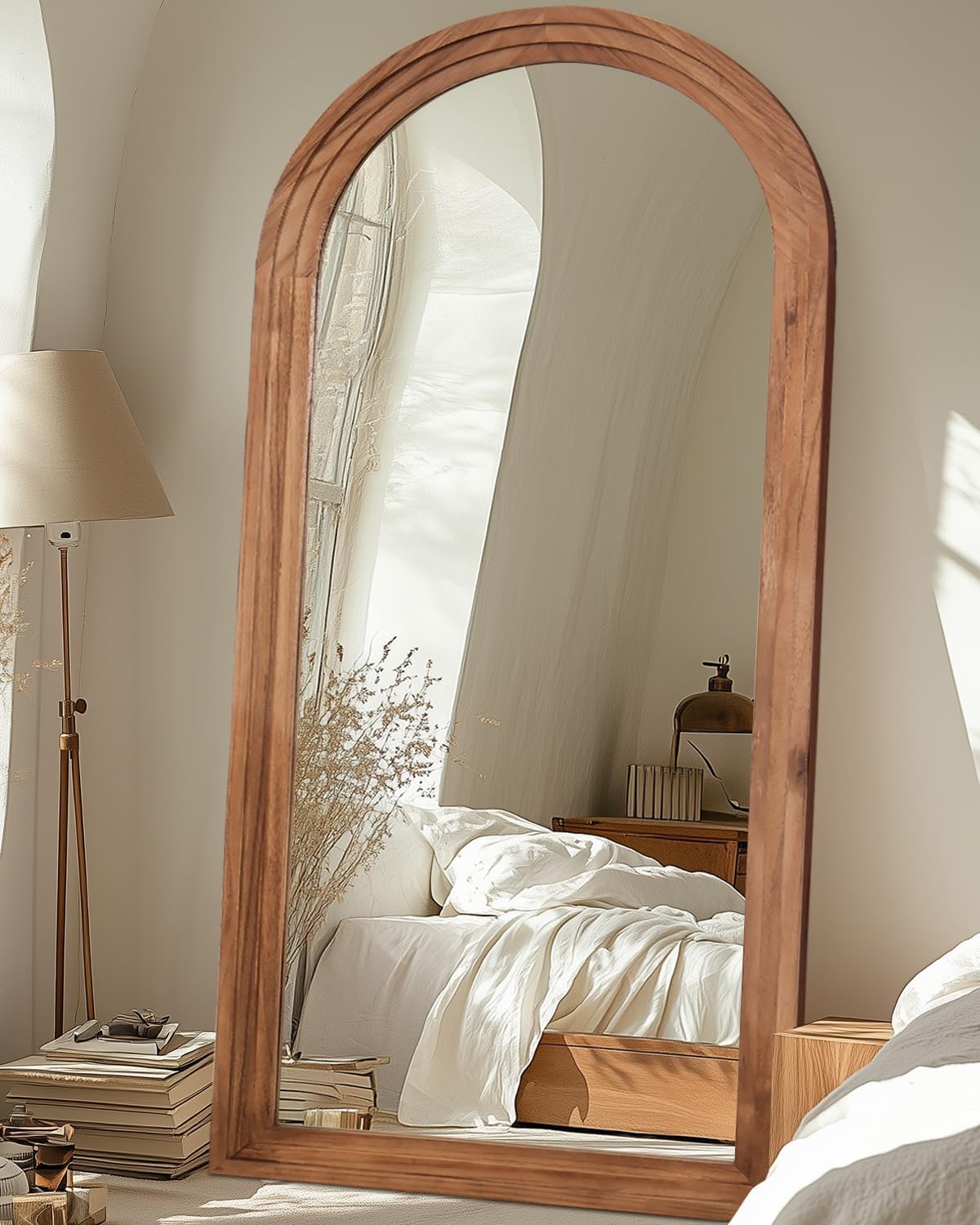 Full Length Mirror, 76"×34" Wooden Mirror Full Length with Stand Wood Floor Mirror, Oversized Stand Up Mirrors Large Wall Mirrors, Wall Mounted Mirrors, Arched Vintage Style, Browm