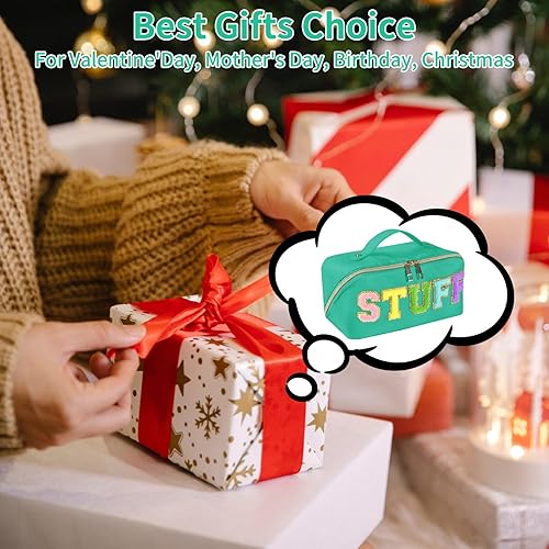 Miniatura 7 de Preppy Stuff - Bolsa de maquillaje, bolsa de aseo de viaje con trébol de piedra, bolsa de maquillaje con letras de chenilla, bolsa de maquillaje