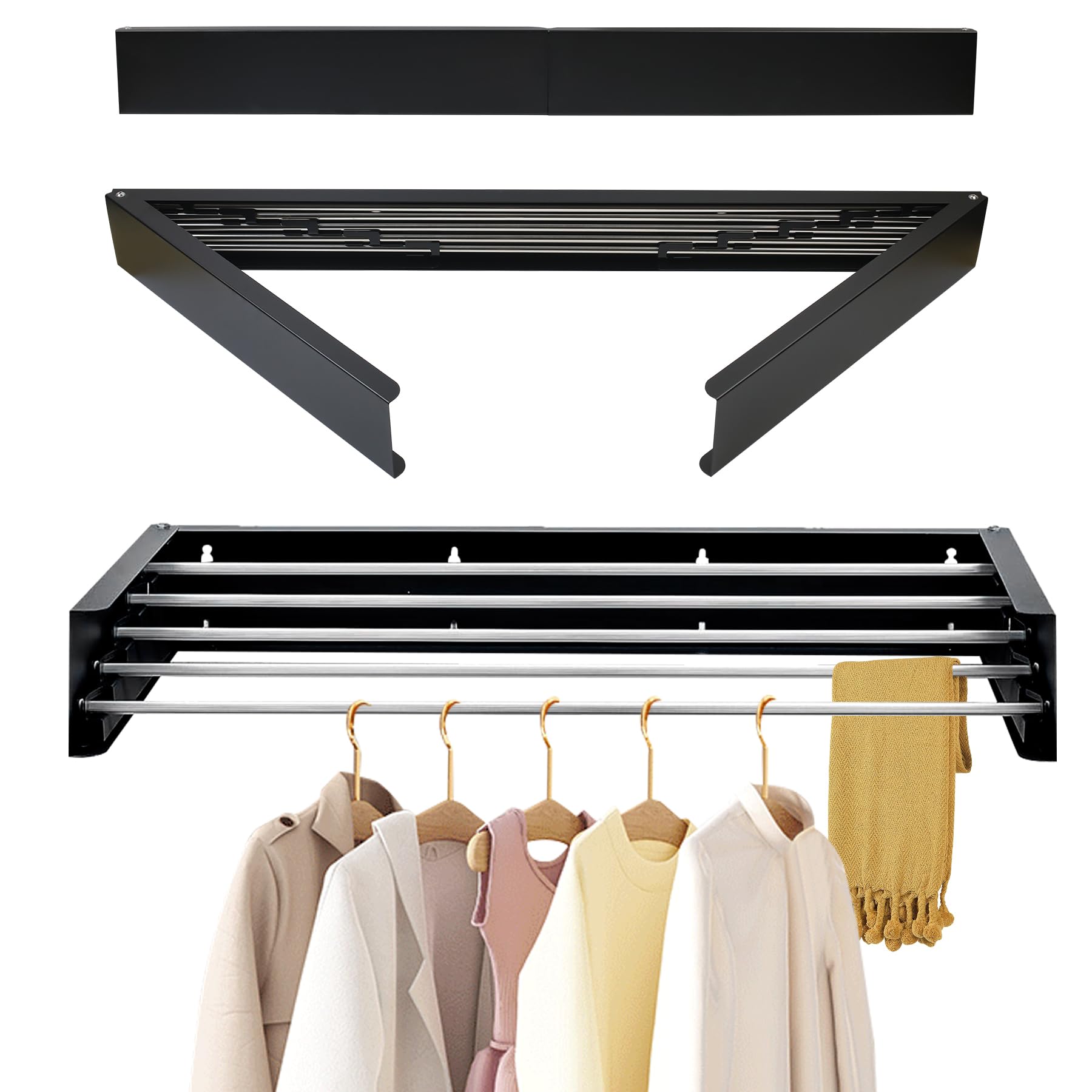 Gemsaya 100cm Wall Mounted Drying Rack, Stainless Steel Foldable Wall Mounted Clothe Dryer, Indoor & Outdoor Space Saver Washing Line Clothes Rack, Black Retractable Laundry Clothes Airer