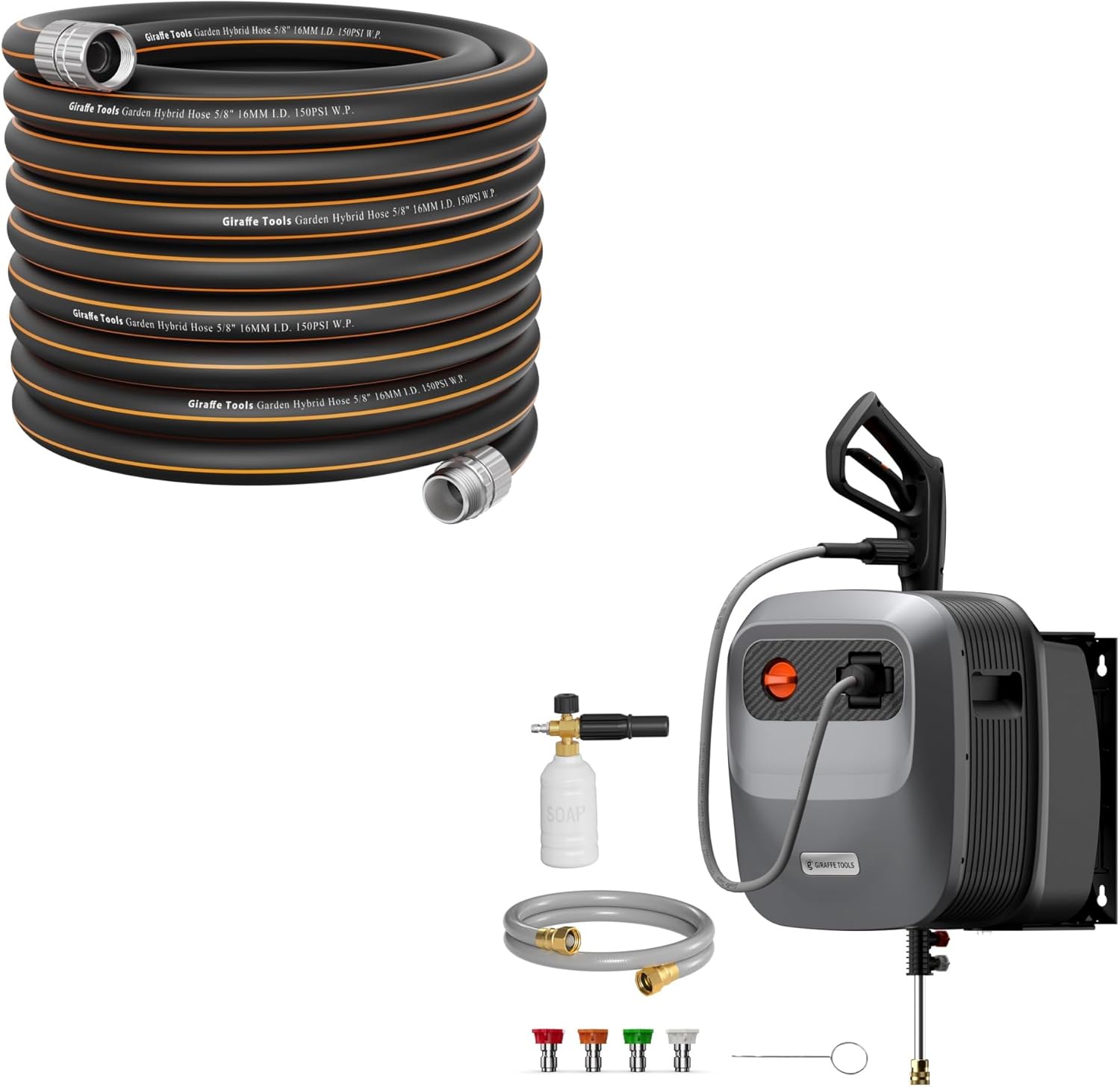 Giraffe Tools Grandfalls Pressure Washer G20 Pro, 2500 PSI 2.2 GPM, 65FT Hose and Garden Hose 75ft x 5/8",Customizable Rubber Hose,No Kink, Flexible