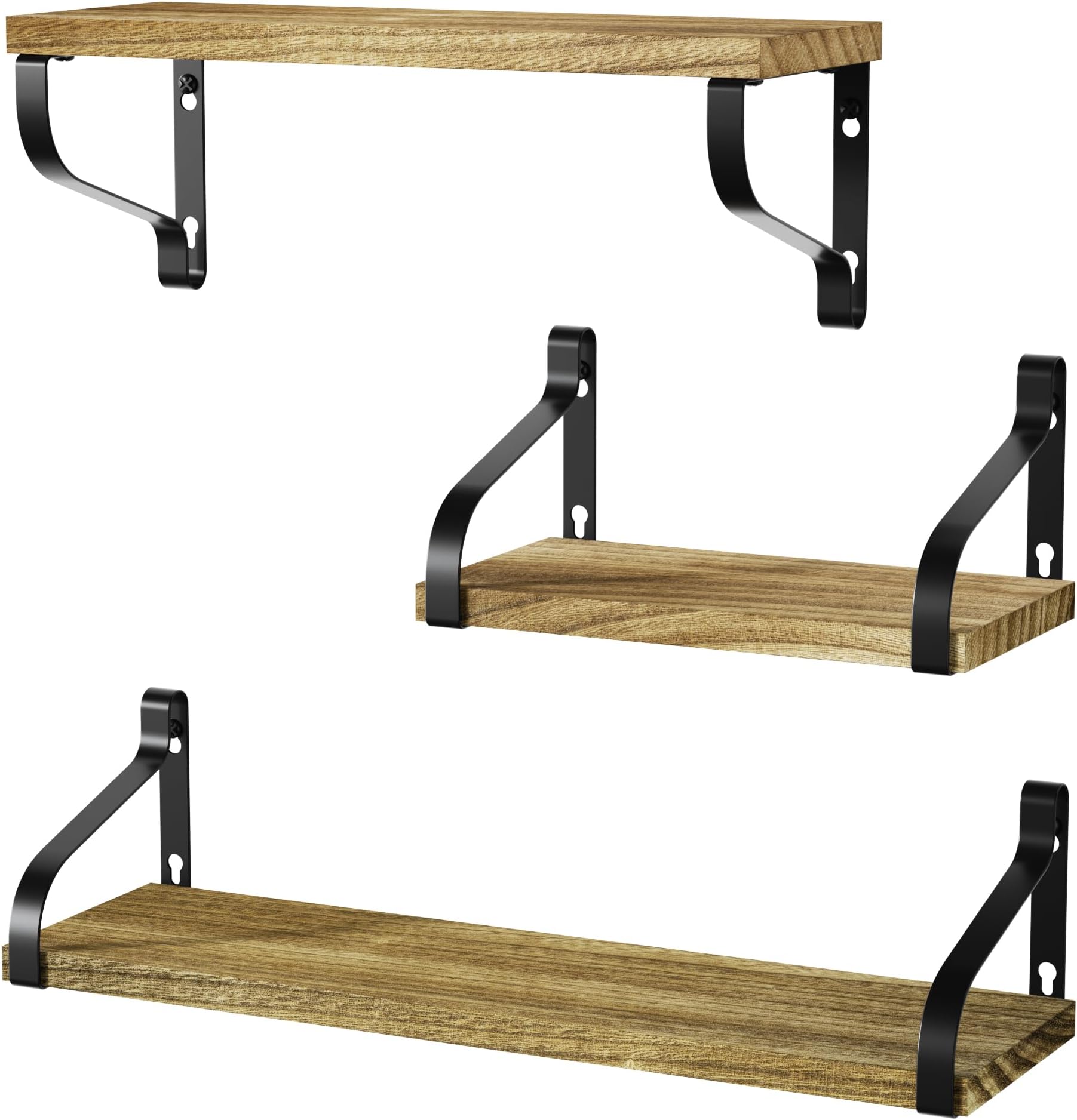 Love-KANKEI Rustic Wood Wall Storage Shelves for Bedroom, Living Room, Bathroom, Kitchen, Office and More Carbonized Black, set of 3