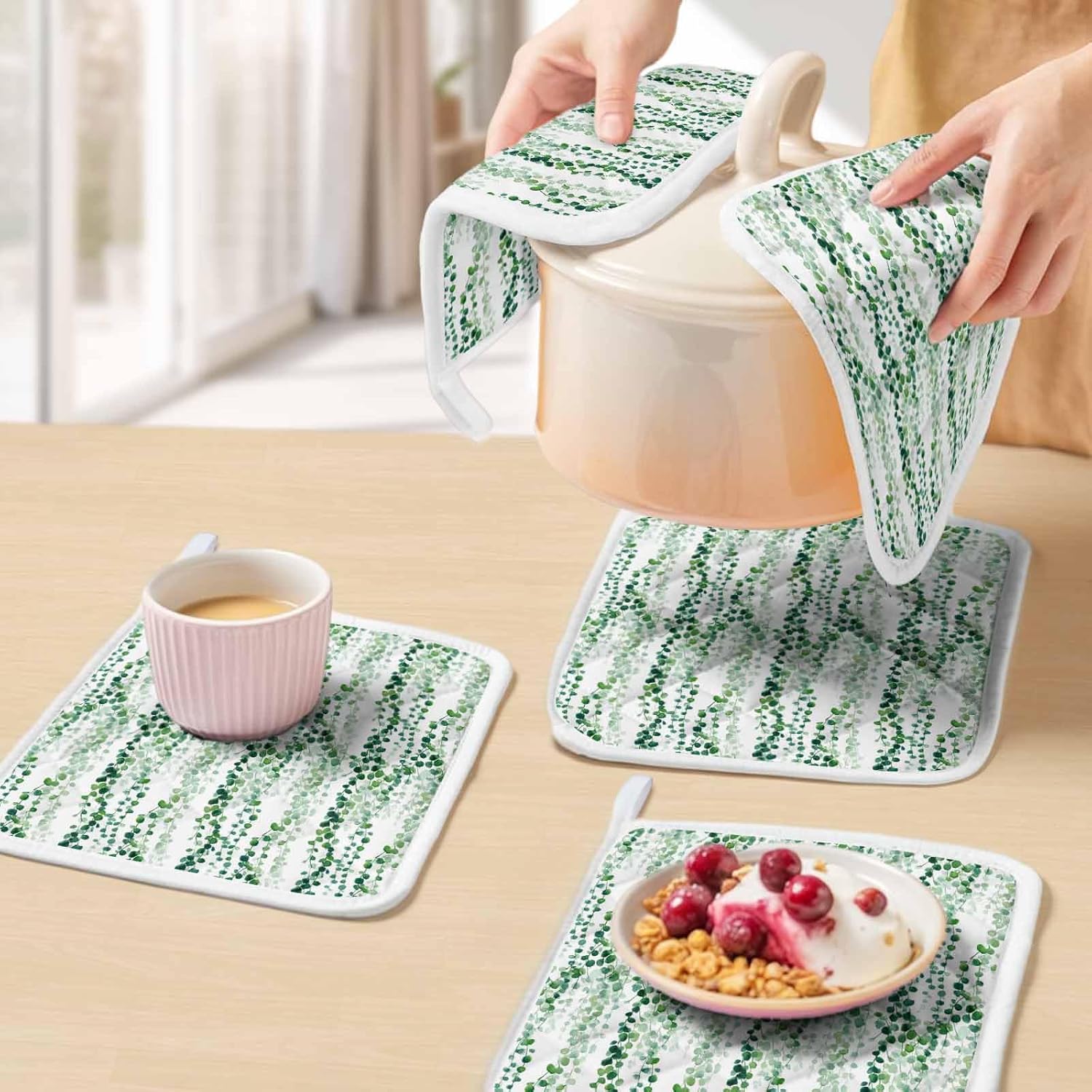 5 Pack Pot Holders for Kitchen, Green Weeping Eucalyptus Hot Pads for Kitchen Countertops Oven Pot Holder Bulk, Spring Summer Country Leaves Heat Insulation Potholders with Hanging Loops