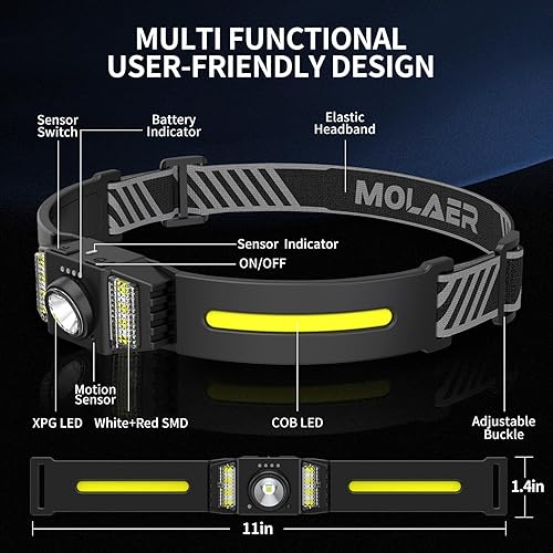 Miniatura 5 de Linterna frontal recargable, haz ancho de 270, lámpara de cabeza LED brillante con sensor de movimiento para adultos, ligera, resistente a la