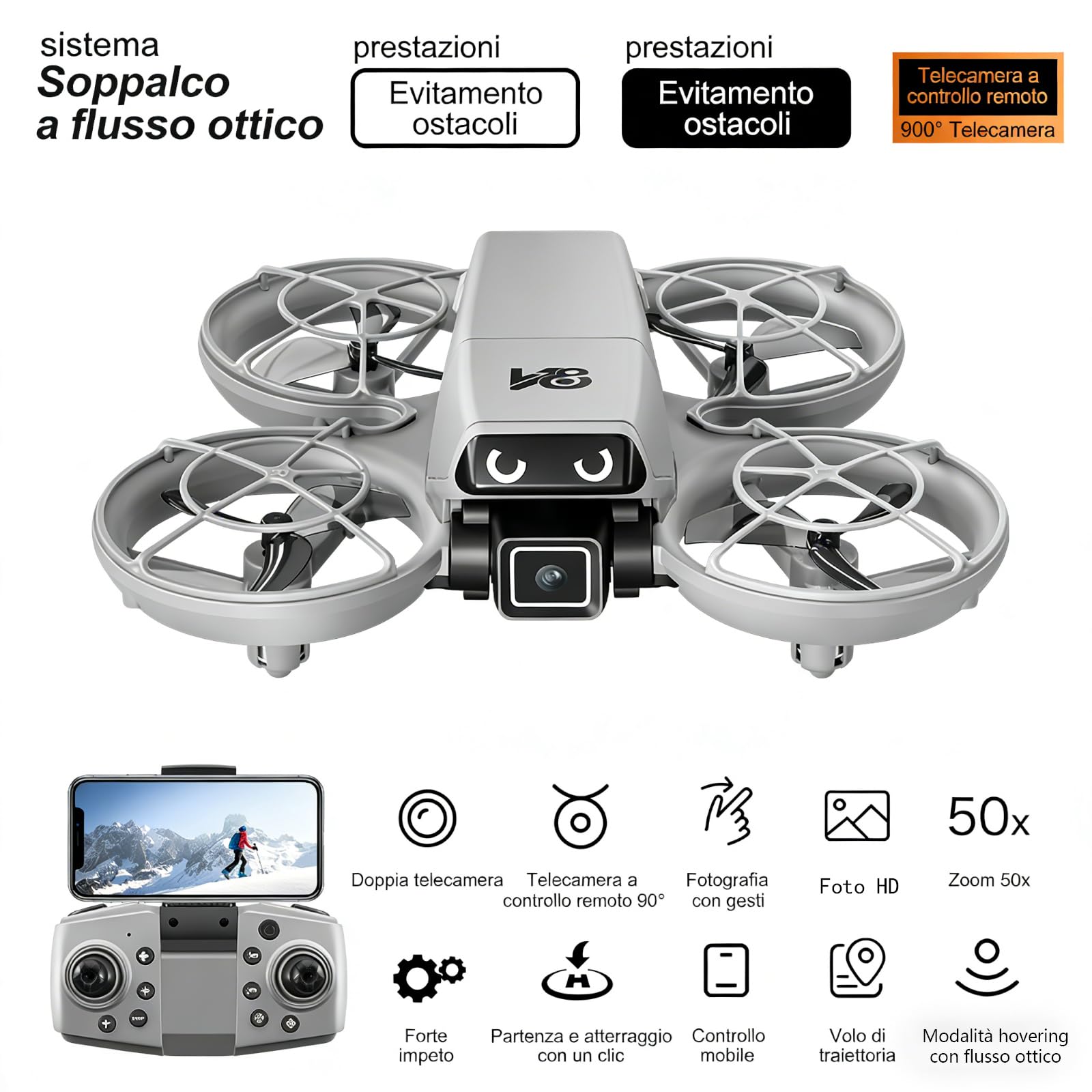 Mini RC Drohne mit Kamera, Propellerschutz, LED-Augenlichter, Hindernisvermeidung, optische Positionierung, 90° Kamera, Höhenhaltung, 360° Flip, Headless Mode, 2 Akkus, perfekt für Anfänger. (Weiß)
