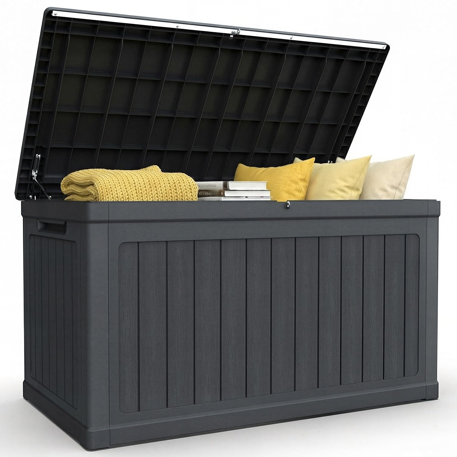 deck box, resin outdoor waterproof storage box, lockable storage box with handle for patio furniture - garden tools - swimming pool tools uv resistant, black