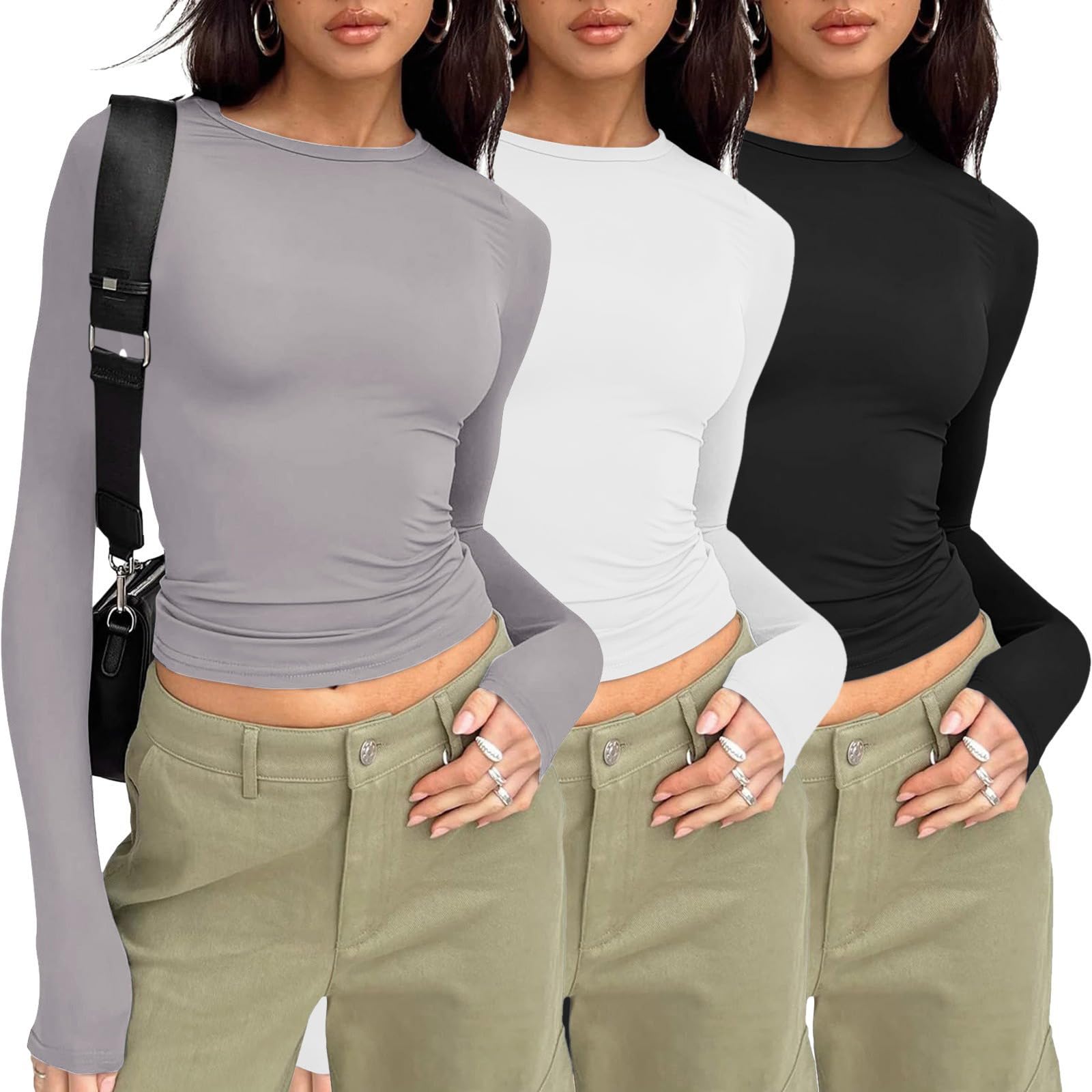3er Pack T-Shirt Damen Rundhals Tshirt Eng Damen Basic Y2k Top Einfarbig Shirt Kurzarm/Langarm Slim Fit Tshirts