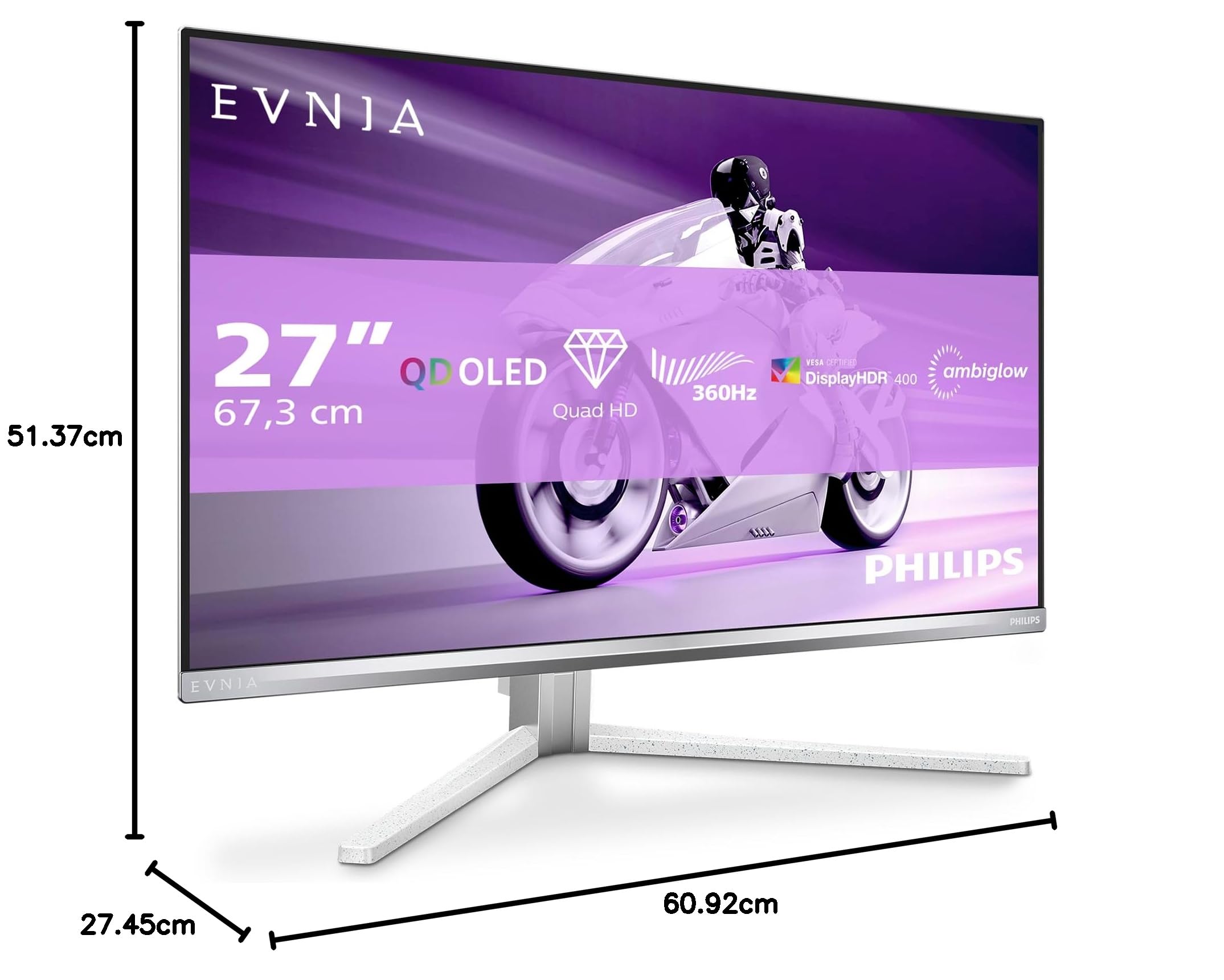 Philips Evnia 27M2N8500AM - Monitor Gaming OLED QHD de 27 Pulgadas, 360 Hz, 0,03 ms, HDR400, FreeSync. Prem., Comp. G-Sync. (2560x1440, 2X HDMI 2.1, 1x DP 1.4, concentrador USB) Blanco