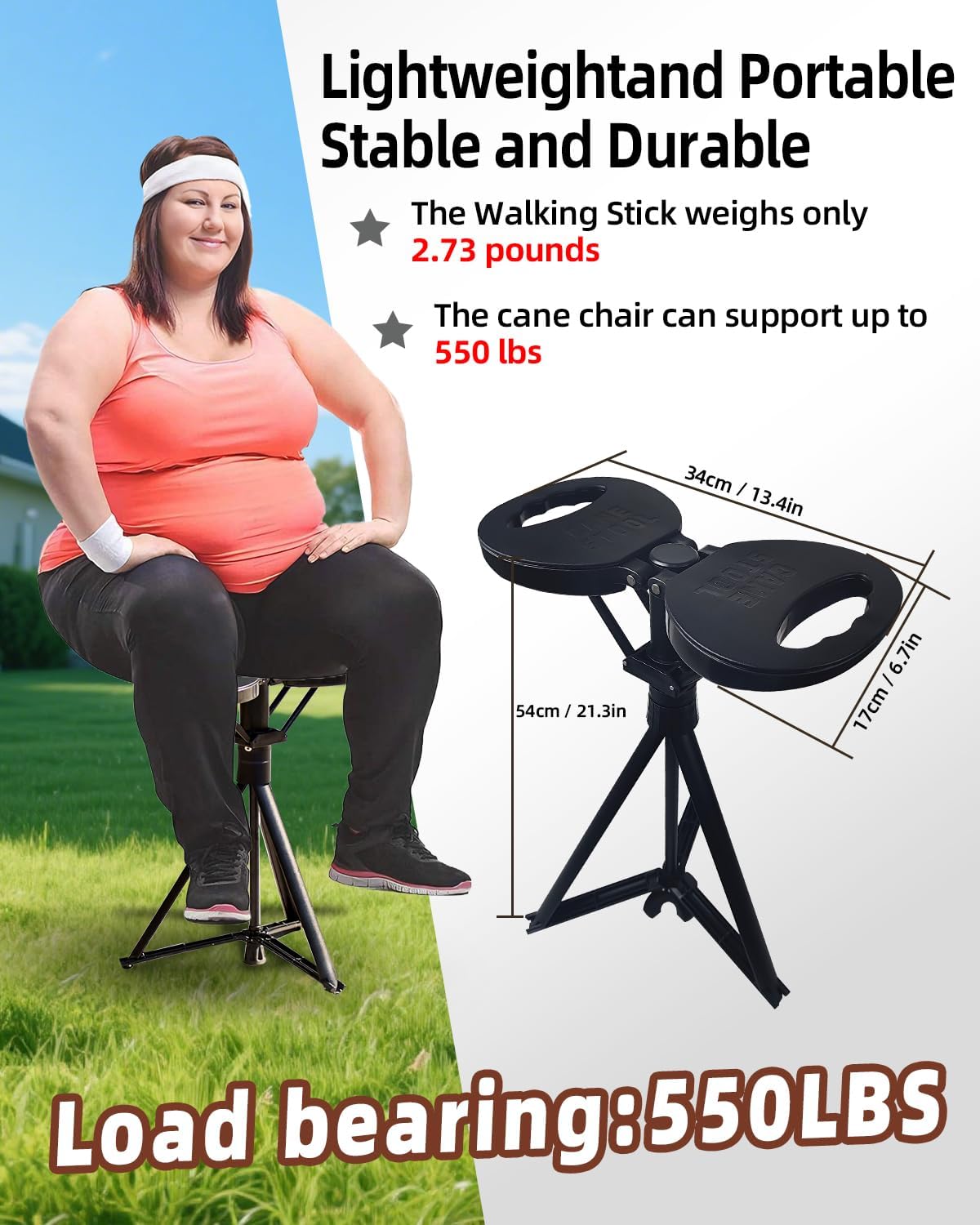 Portable Walking Cane with Seat, Adjustable 34"-37" Foldable Lightweight Aluminum Anti-Slip Walking Stick for Men & Women, 550 Lbs Cane with Chair for Travel Hiking with Carry Bag