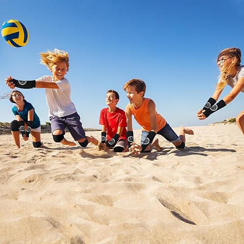 Miniatura 6 de Sosation Juego de 3 mangas de voleibol y rodilleras para niños, mangas suaves para antebrazo con almohadilla de protección, orificio para el pulgar,